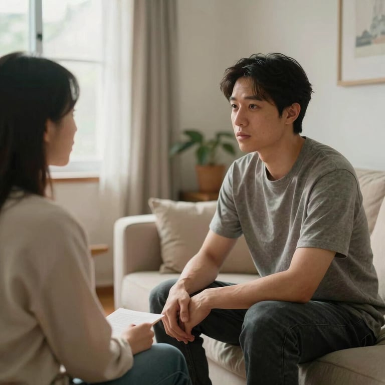 A supportive coaching session in a cozy North American living room, with soft morning light and a trustworthy, empowering atmosphere.