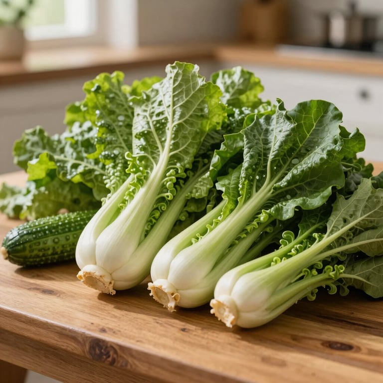 A close-up of vibrant, organic green vegetables on a wooden table in a sunlit North American home, styled in forest green and off-white tones.
