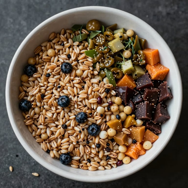An overhead shot of a colorful, gluten-free grain bowl filled with nutrient-dense ingredients, illustrating specialized dietary support for Celiac disease.