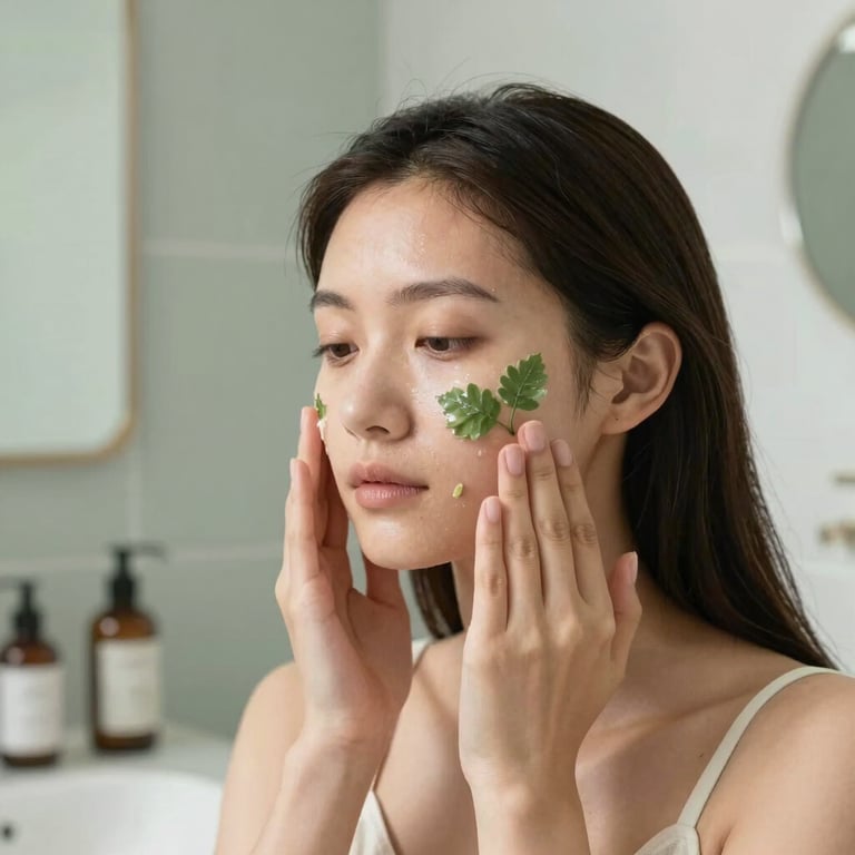 A calm individual applying botanical skincare in a bright, modern bathroom with pale sage accents, emphasizing a natural and chemical-free lifestyle.