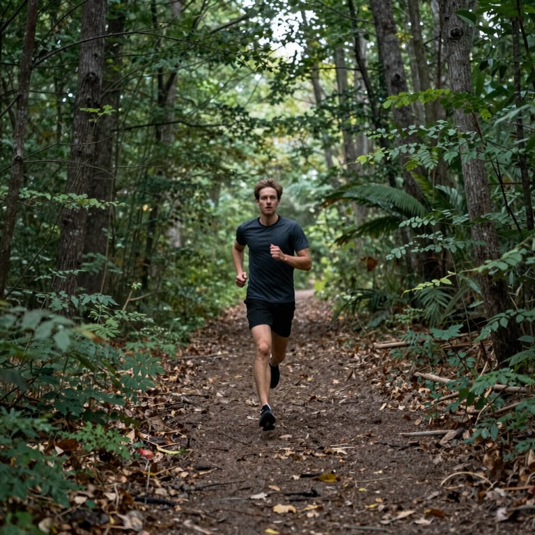 A person jogging along a serene, wooded trail in the United States, surrounded by muted forest green trees and a soft, natural glow.