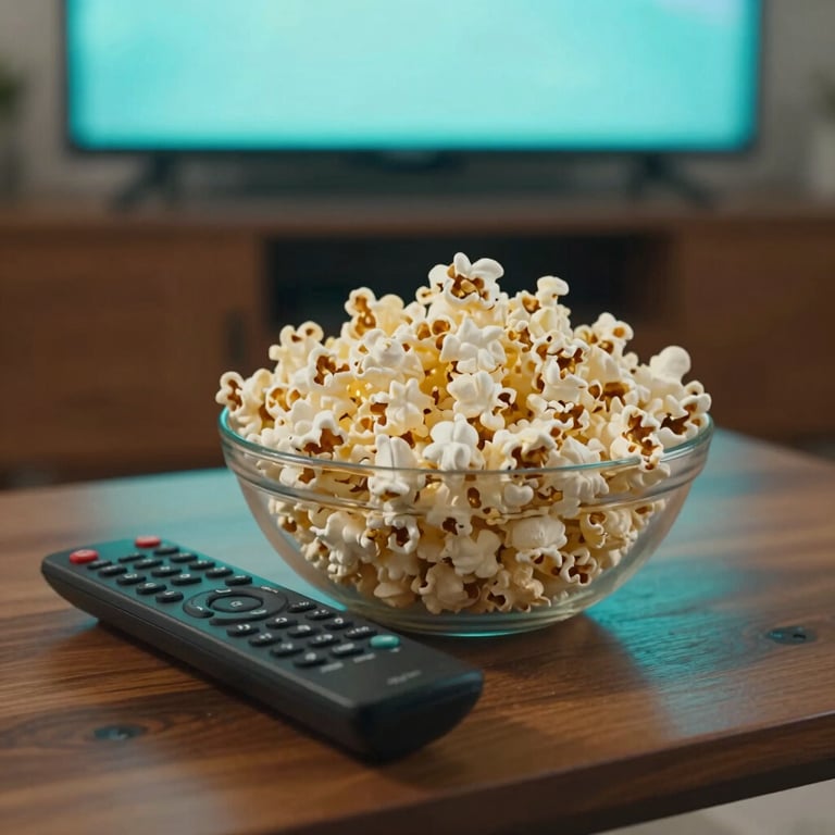 A close-up of a bowl of popcorn and a remote control on a wooden coffee table, with a soft light aqua glow from the TV in the background.