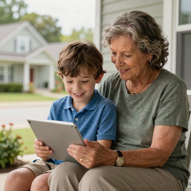 A grandmother and grandson sitting together on a porch in a North American / US suburb, looking at a tablet together with warm expressions.