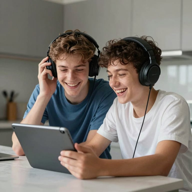 Two teenagers sharing headphones and a tablet, laughing at a show in a modern North American / US kitchen setting.