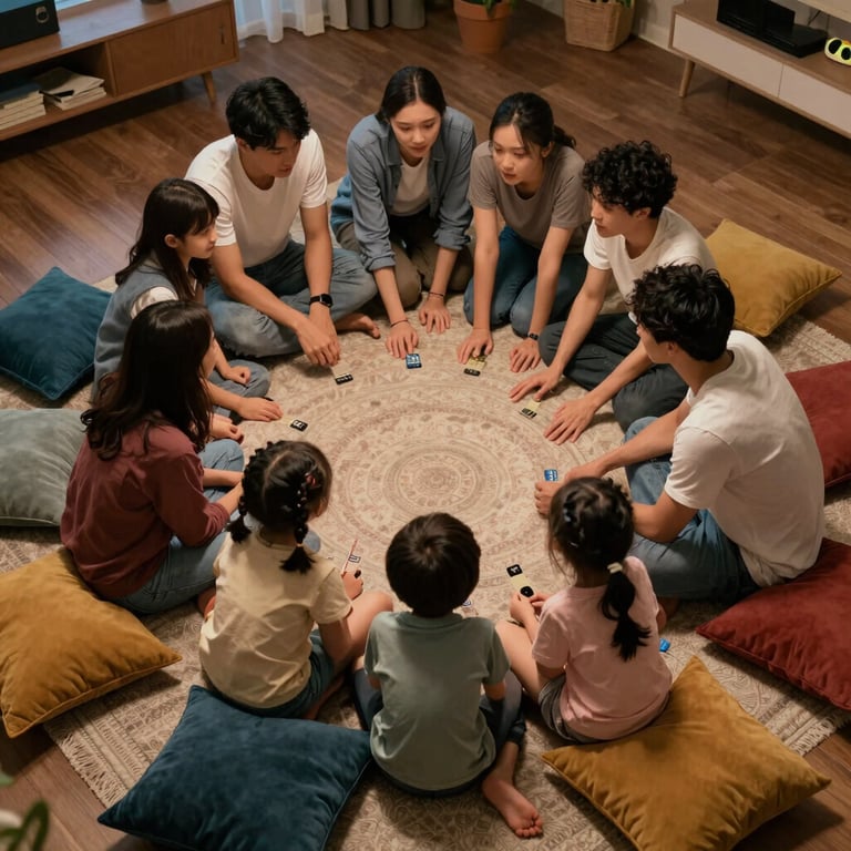 A cinematic high-angle shot of a family group huddling together on a rug for a home movie night, surrounded by cushions in brand colors.