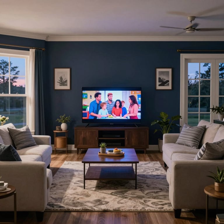 A wide shot of a cozy North American / US living room at dusk, a television glowing with a family-friendly movie, deep navy and off-white decor.