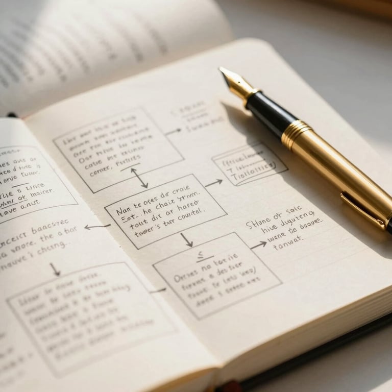 A close-up of an open notebook with structured editorial mind-maps and clean sketches, beside an elegant gold fountain pen under natural morning light.