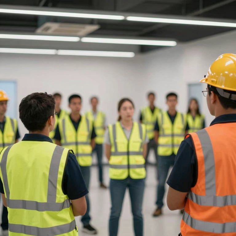 A group of certified safety stewards conducting a training session in a modern facility, highlighting the workforce development aspect of Agape Safety.