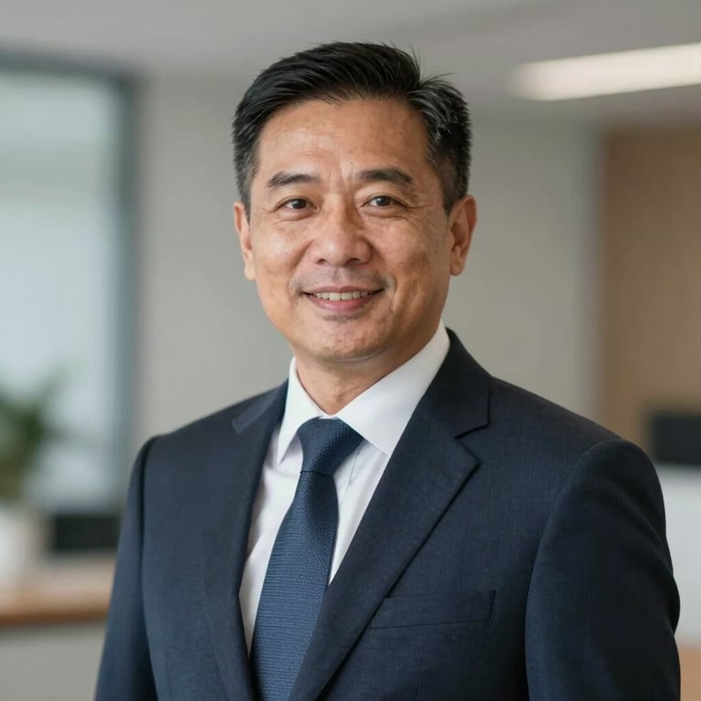 Professional corporate portrait of Director P.B Jessy, clean lighting, authoritative and trustworthy atmosphere, wearing professional attire with a backdrop hinting at #0F252C.