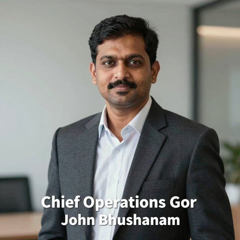 Professional corporate portrait of Chief Operations Officer John Bhushanam, modern executive style, emphasizing operational efficiency and deep industry knowledge.