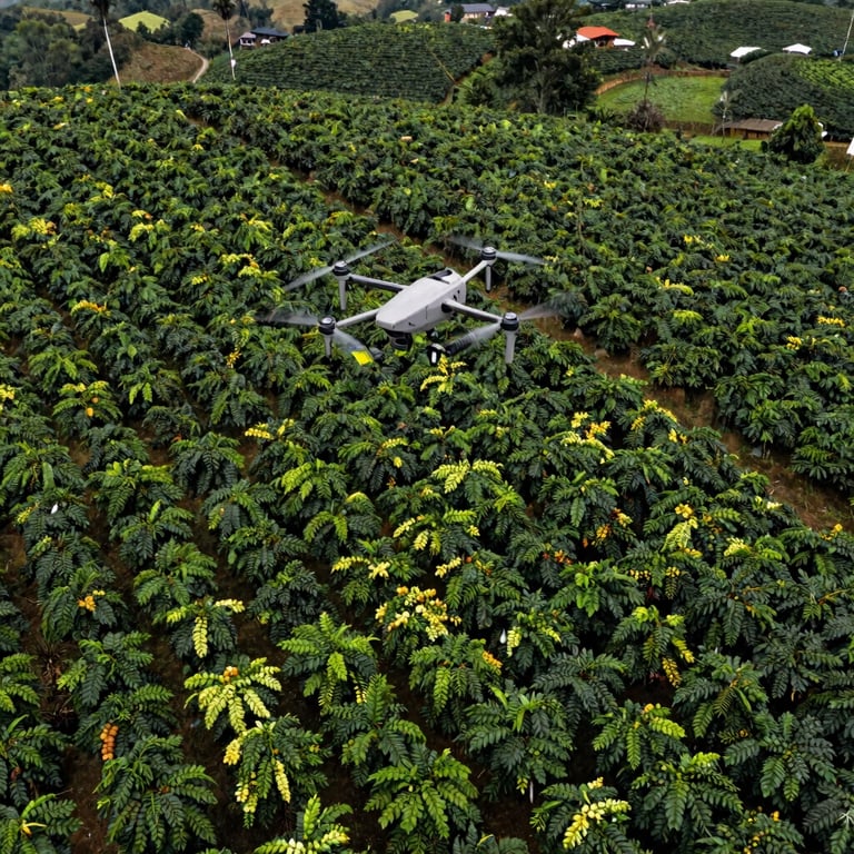 A wide shot of a healthy coffee plantation with a drone hovering high above, representing sustainable productivity.