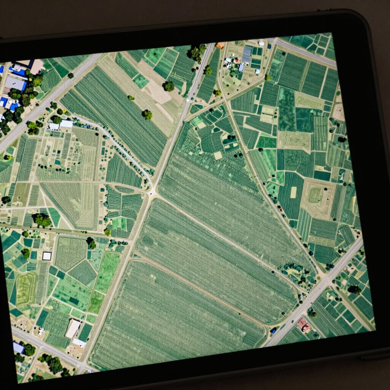 An aerial multispectral map displayed on a tablet, showing crop health patterns in pale green and sage green.