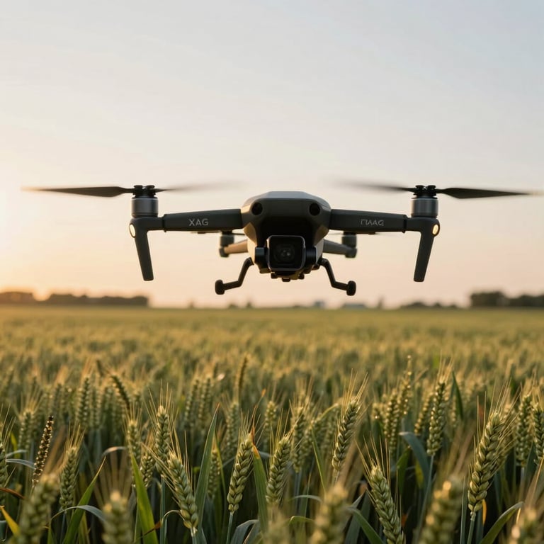 A XAG P100 Pro drone flying over a vibrant green cereal field, sunset lighting, professional agricultural photography.