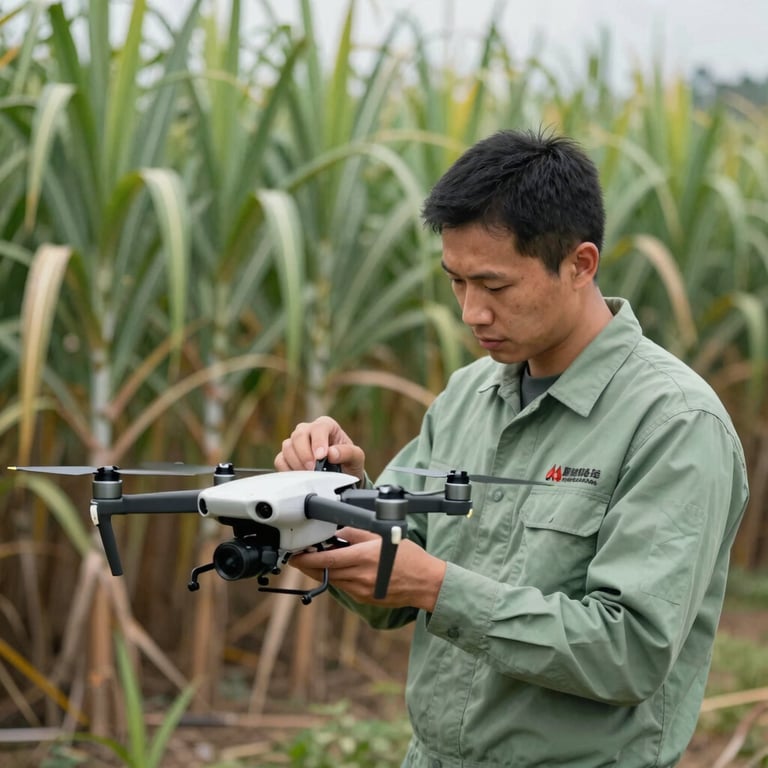 A professional technician in a sage green uniform inspecting a drone in a lush sugar cane field.