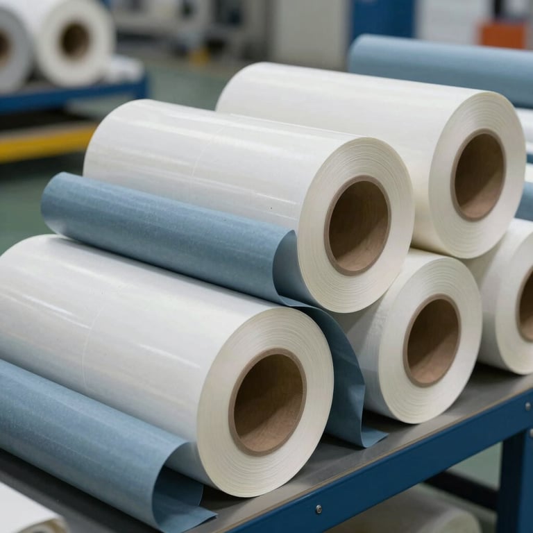 Close-up of high-quality industrial packaging materials and film rolls in a modern storage facility with Slate Blue accents.