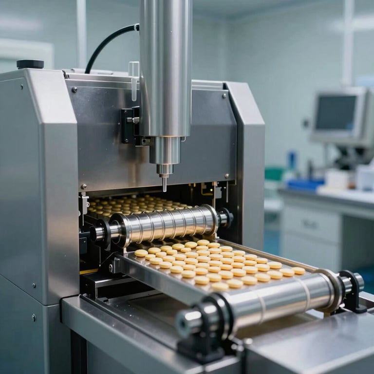 A high-speed pharmaceutical tablet blister packing machine in a sterile clinical environment with Snow White walls.