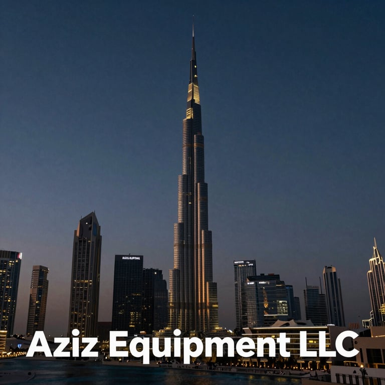 The iconic Dubai skyline at sunset, symbolizing the regional reach of Aziz Equipment LLC, with deep Slate Blue and Dark Navy sky tones.