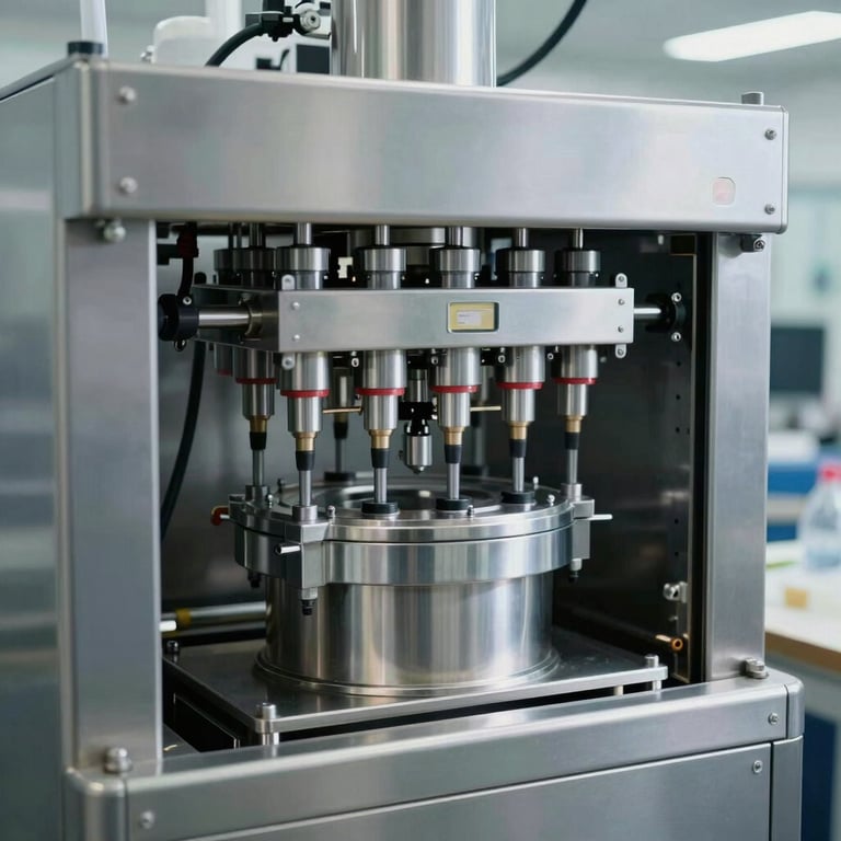 An automated liquid filling machine for the cosmetics industry, featuring polished Silver Grey surfaces and precise engineering.