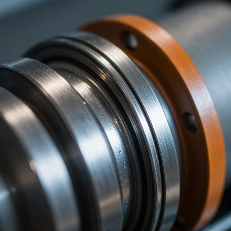 Macro close-up of heavy industrial metallic pump seals, sharp reflections, cool tones with orange accents, 35mm lens