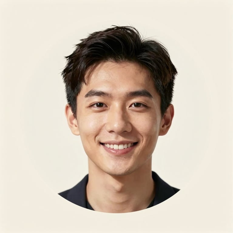 A small, friendly, warm-toned headshot of Alex Chen smiling, bright natural daylight, circular portrait framing, soft cream background.