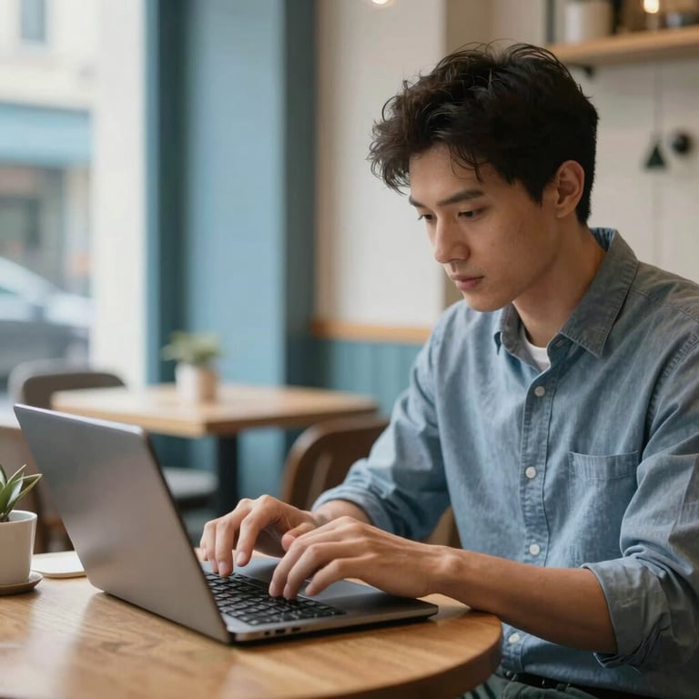 A candid shot of a professional typing on a phone in a bright, airy urban cafe with Slate Blue accents.