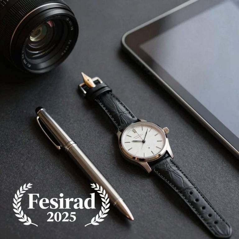 A flat-lay of professional essentials: a fountain pen, a watch, and a tablet on a Dark Charcoal surface.