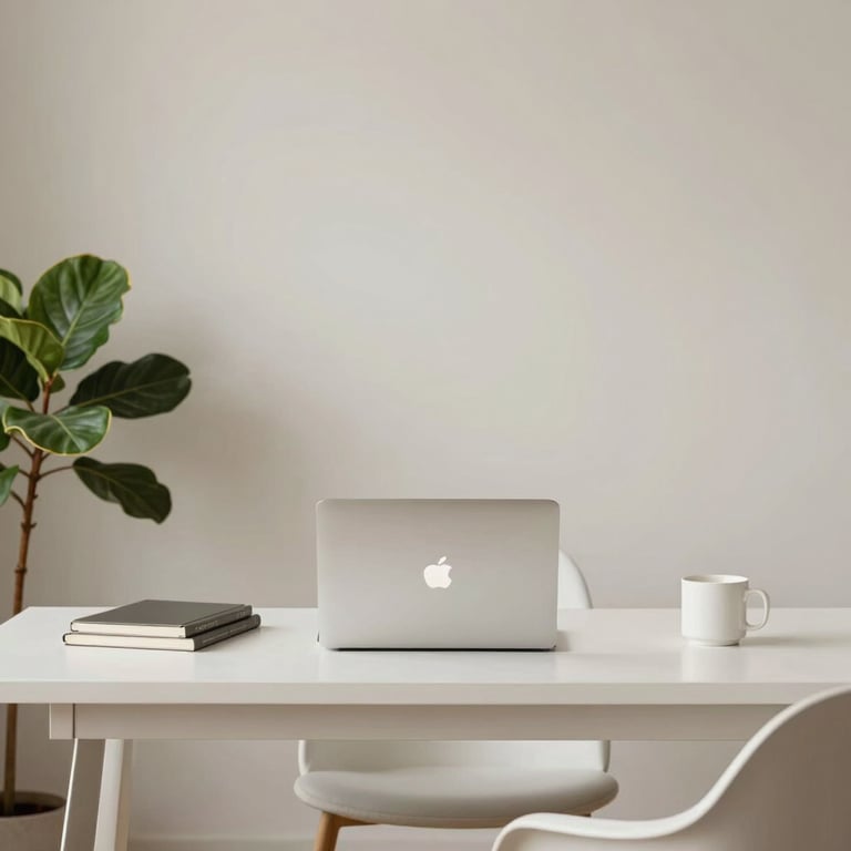 A minimalist home office setup with a single green plant and a Warm Off-White aesthetic.