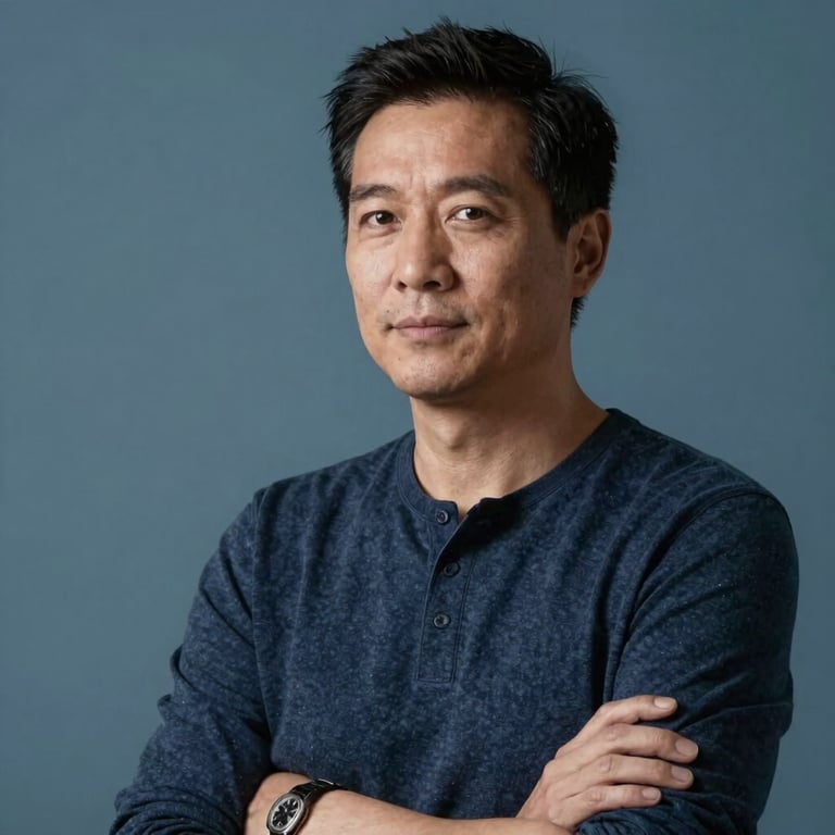 A professional portrait of a creative director in a Slate Blue studio, looking confident.