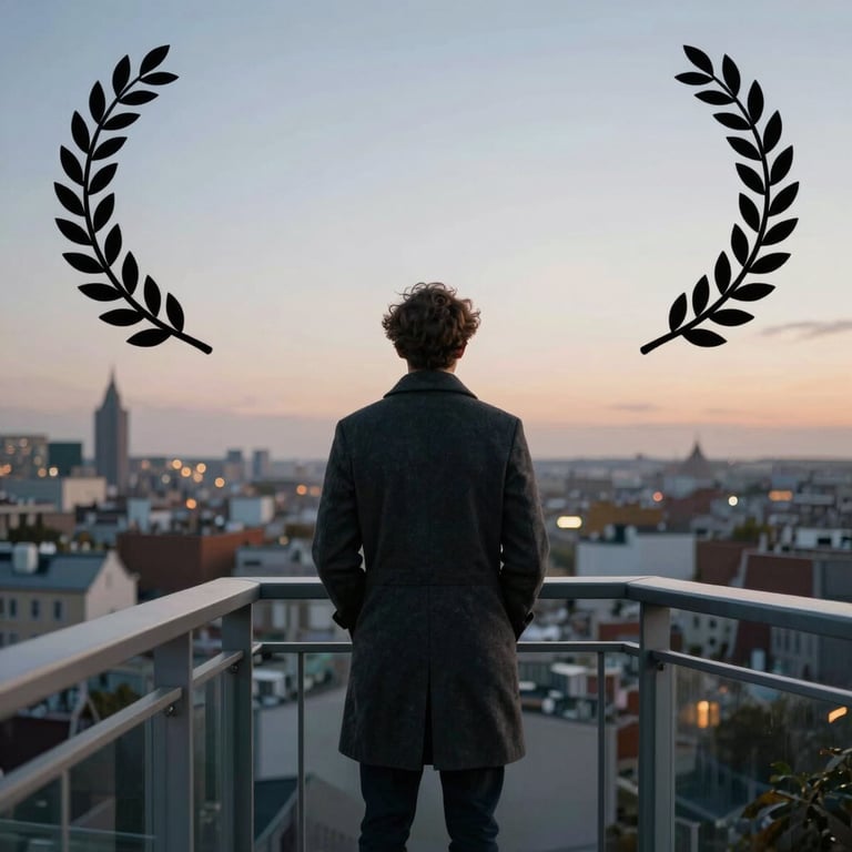 A wide shot of a person standing on a balcony overlooking a city at dusk, wearing a Dark Charcoal coat.