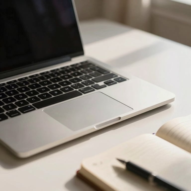 A close-up of a sleek laptop and a notepad on a Warm Off-White desk, natural morning light filtering in.