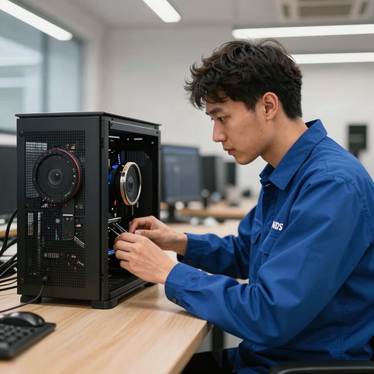 A technician in a royal blue uniform testing a high-end desktop computer in a modern French workshop.