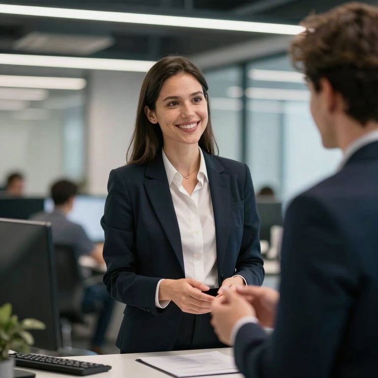 A smiling professional greeting a client in a modern European tech service center.