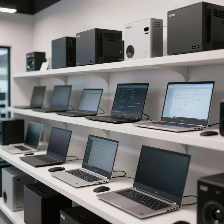 Interior of a clean, professional computer store with white shelves displaying laptops and accessories.
