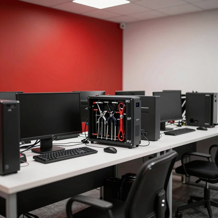 A wide shot of a clean, modern computer repair station with professional tools and a crimson red accent wall.
