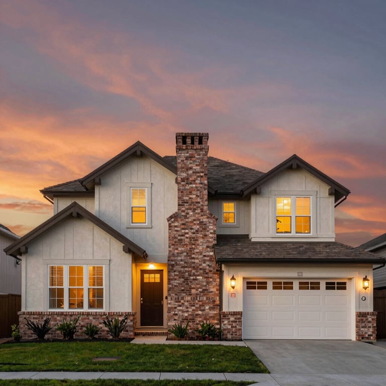 The exterior of a beautiful, well-maintained North American / US home in Ivanhoe, CA, with a clean brick chimney standing tall against a sunset sky.