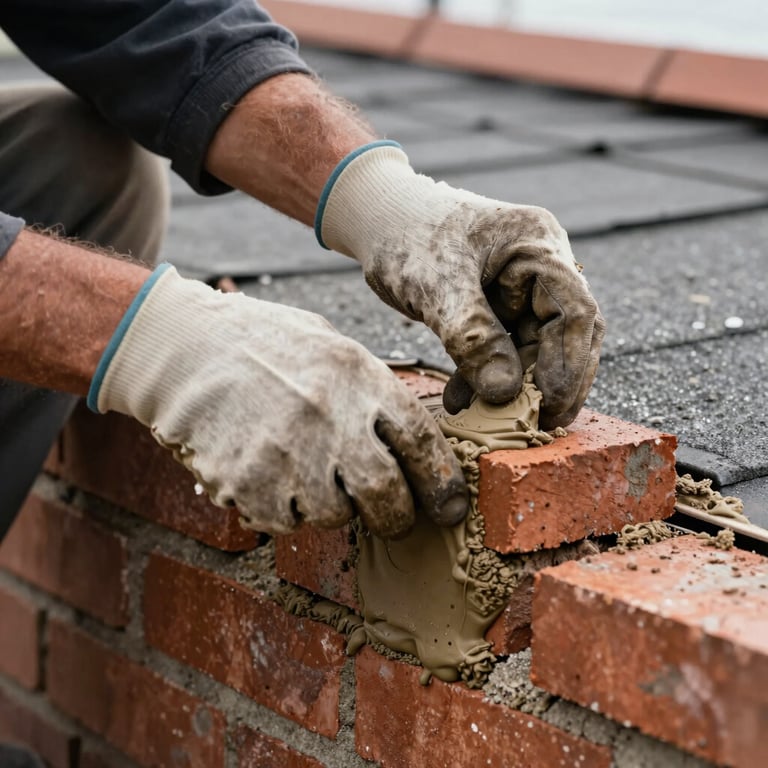 A close-up of a worker's gloved hands expertly repairing brick masonry on a North American / US roof, using warm chestnut brown mortar.