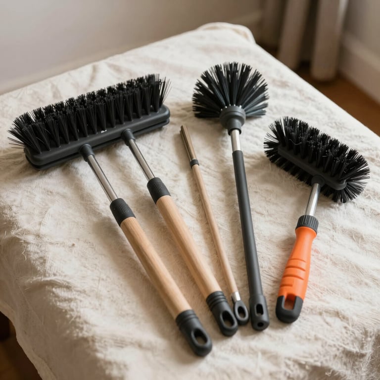 A set of specialized professional chimney sweeping brushes and cleaning tools arranged neatly on a soft cream drop cloth in a North American / US residence.