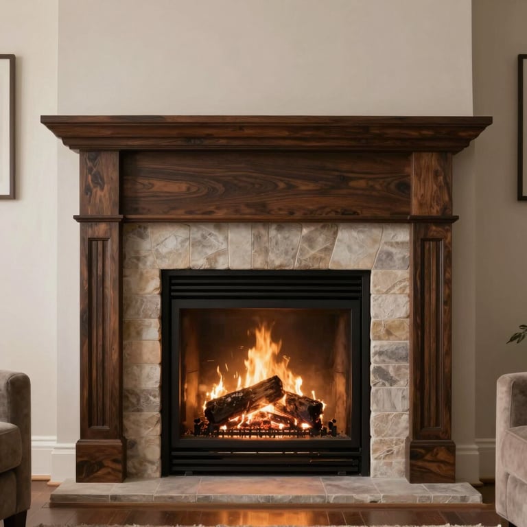 A cozy North American / US living room featuring a clean, glowing fireplace with a deep charcoal brown wood mantel and soft warm lighting.