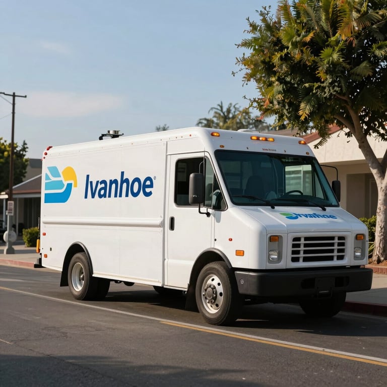 A professional service truck with clean branding parked on a quiet North American / US street in Ivanhoe, CA during a sunny morning.