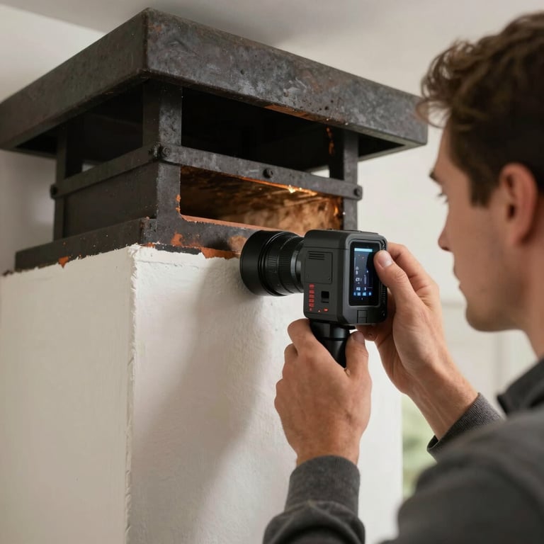 A technician using a high-tech digital inspection camera to examine the interior of a chimney flue inside a North American / US home.