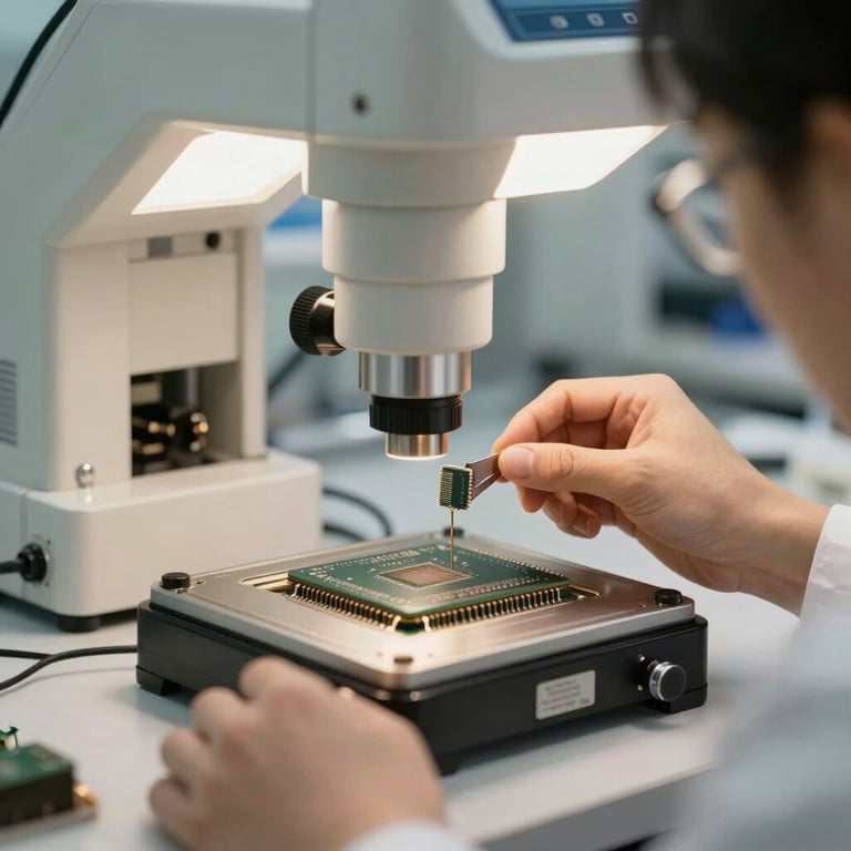 A sophisticated cleanroom environment where a microchip is being inspected under professional, soft off-white lighting.