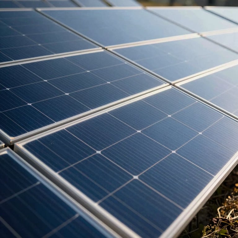 A detail of a solar panel installation, reflecting clean energy innovation, with steel blue glass panels.