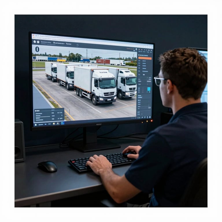 A logistics specialist monitoring a fleet of transport vehicles on a digital interface in a dark navy control room.