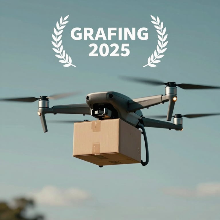 A commercial drone carrying a package, symbolizing efficient delivery and market impact, against a muted teal sky.
