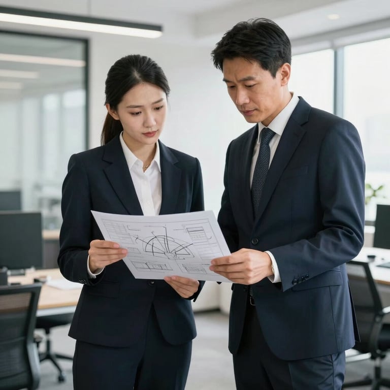 Two business professionals in dark navy attire reviewing a complex schematic in a bright, modern office.