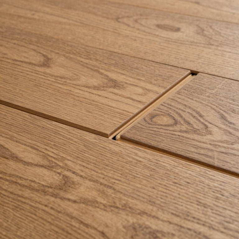 Close-up of high-quality hardwood flooring installation with visible wood grain and tight, professional seams.