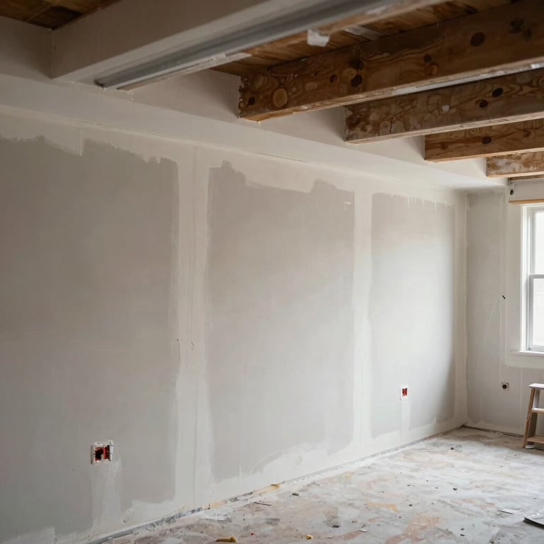 A finished basement transformation in a North American home, showcasing perfect drywall taping and professional painting.