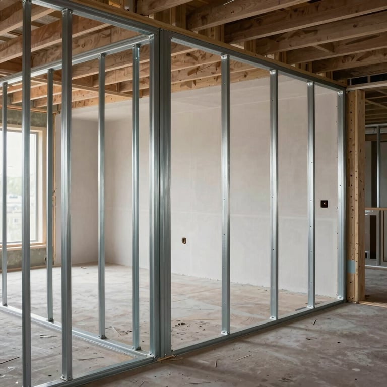 An interior remodeling project showing the transition from steel framing to finished drywall in a modern workspace.