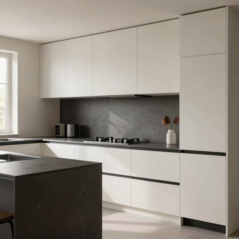 Modern residential kitchen renovation featuring minimalist off-white cabinetry and dark grey countertops with soft natural lighting.