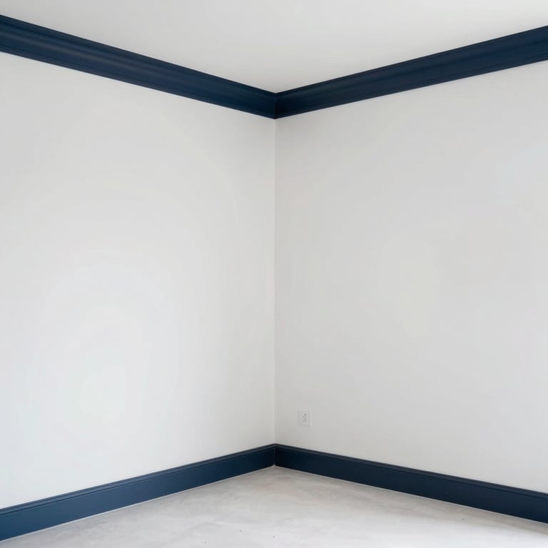 Clean and bright minimalist bedroom with sharp white walls and dark blue trim, demonstrating precision finishing work.